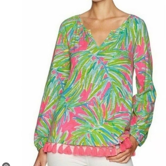 Lilly Pulitzer Tops - Lilly Pulitzer‎ Linzy Tassel-Embellished Relaxed Blouse | Tiki Pink Royal Lime